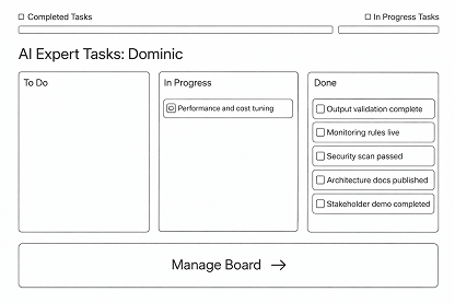 AI Expert Tasks board showing To Do, In Progress, and Done columns